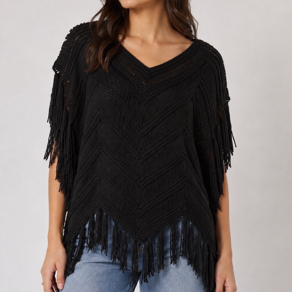 New In Fringe Crochet Poncho‎ Sweater S/M Black Boho Festival Western Cover Up